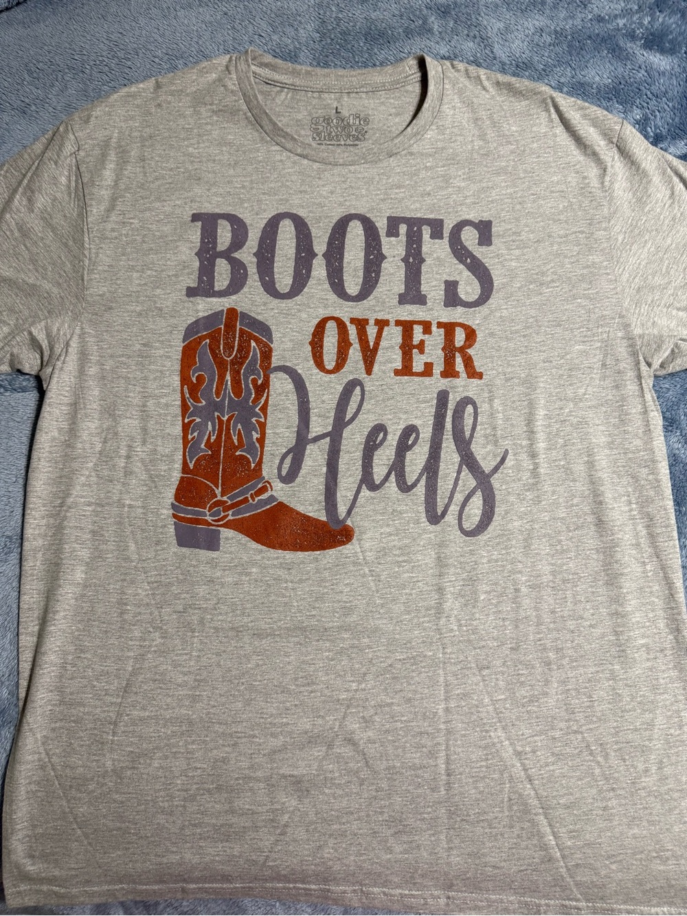 Boots Over Heels Graphic Tee - Gray with Rust & Purple Print